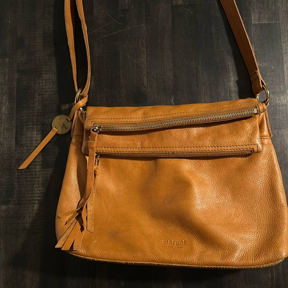 Margot New York Mickey Fold Over Leather Cross Body in Brandy